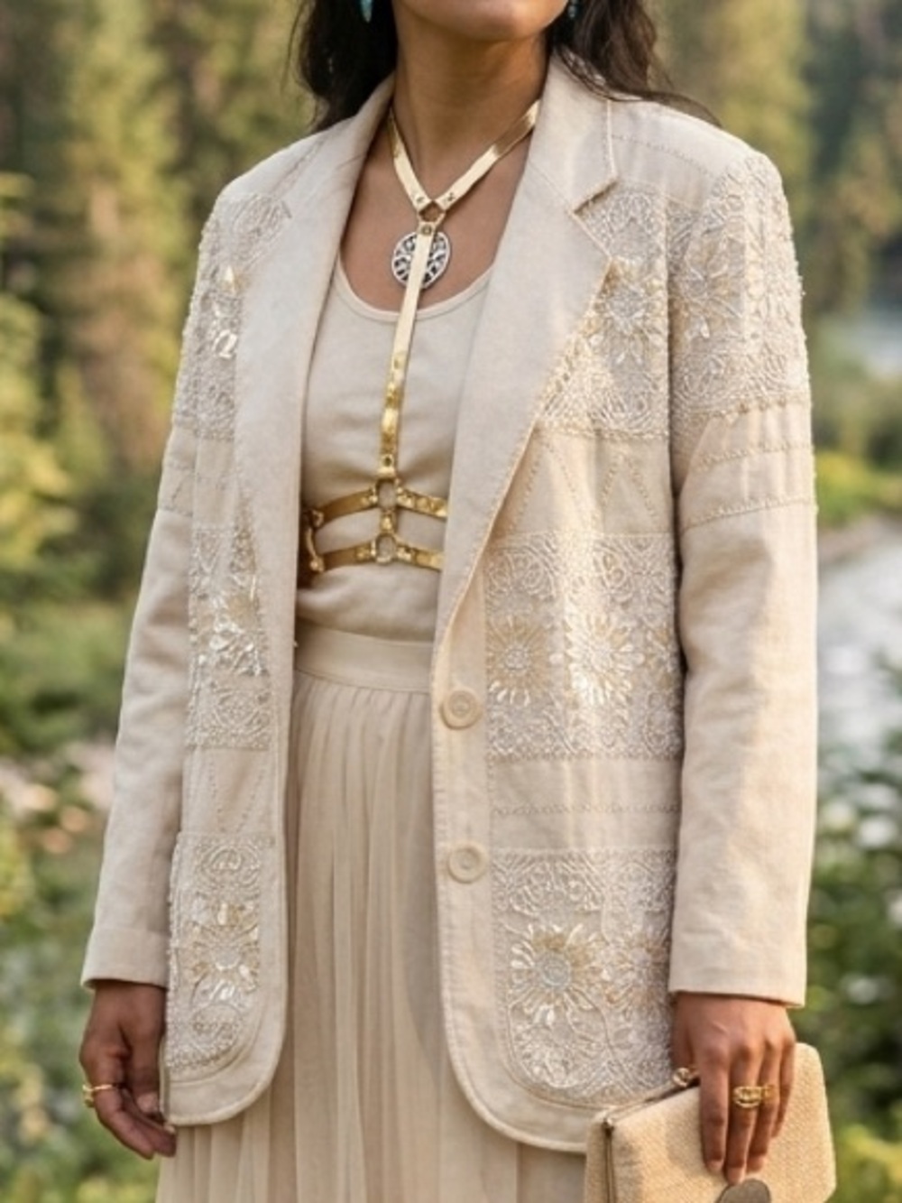 Vintage 80s 90s Silk Embroidered Sequin Jacket Boho Artisan Festival Blazer L